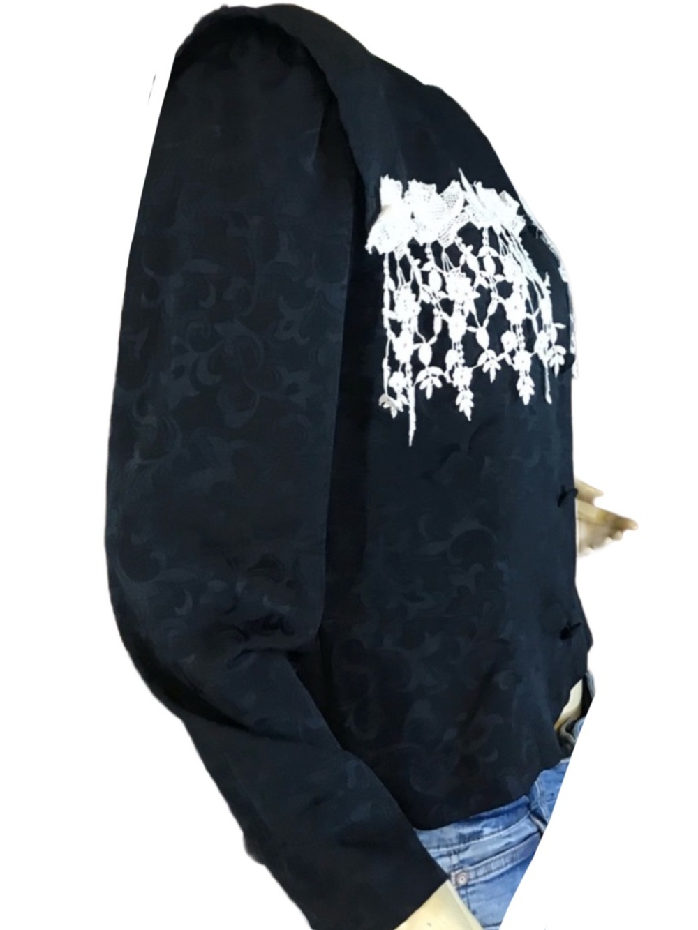 VINTAGE 1990'S IN THE MOOD BLACK BROCADE AND WHITE CROCHET LACE BLOUSE (14) - Picture 4 of 10